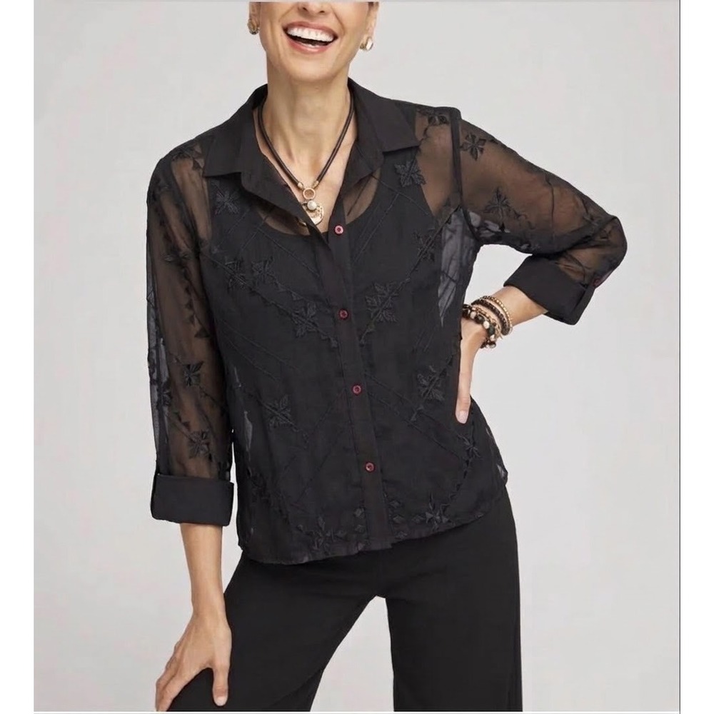 Chicos Mesh Sheer Embroidered Button Up Top Black 3/4 Sleeve Size 1 M